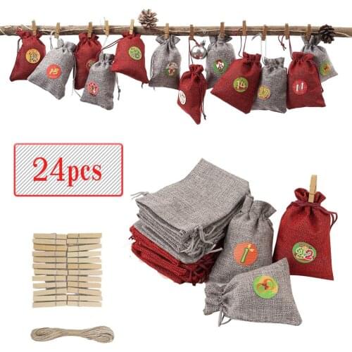 24pc/set Christmas Bag Countdown Calendar Bunch of pocket Linen Burlap Bag Gift Drawstring Candy Packaging Bag