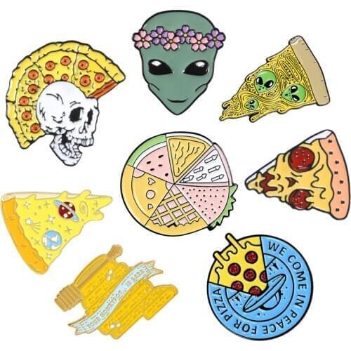 Lunch time! Pizza Skull Pink enamel pins Alien with flower crown Hard Lapel pin Cartoon Badges Fruit brooches Denim Jewelry gift