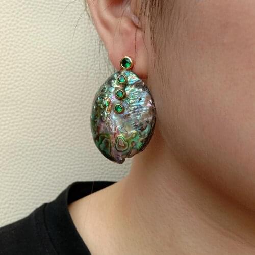 YYGEM Natural Rainbow Abalone Shell Green Cz pave Stud Earrings