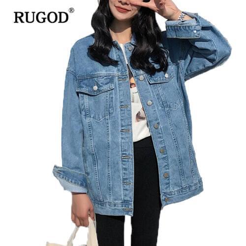 RUGOD 2019 New Korean Style Slim Long Denim Coat Women Solid Turn-down Collar Long Sleeve Jean Jacket Outwear Jaqueta Feminina