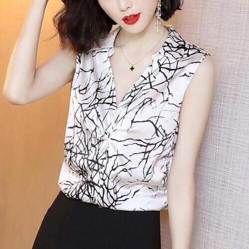 Women Spring Summer Imitate Silk Blouses Shirts Lady Casual Sleeveless V-Neck Patchwork Printed Blusas Tops ZZ0688