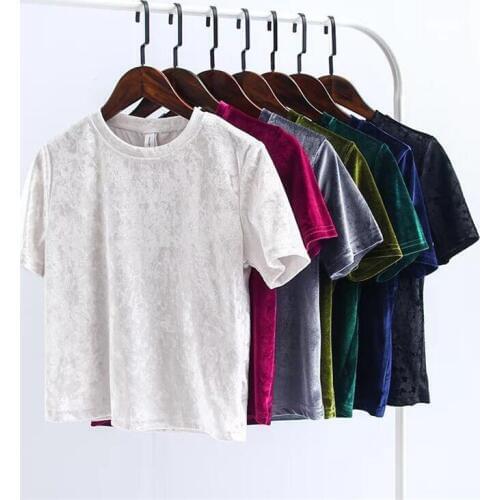 Sexy Velvet O-Neck Pullover Slim Short T-Shirt Back Split Crop Short Sleeve Street Women Velour Casual Tee Tops 6 Colors femme