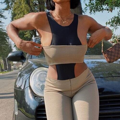 2021 Fashion Fake Two-piece Simple Style Jumpsuit Summer Sleeveless Sexy Hollow Out Backless Patchwork Straps Overalls Rompers