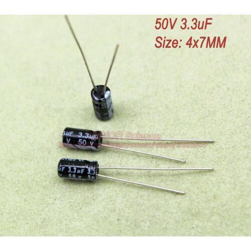 100pcs/lot) 50V 3.3uf DIP Aluminum Electrolytic Capacitor size: 4x7mm Through Hole Electrolysis Electric Capacitor
