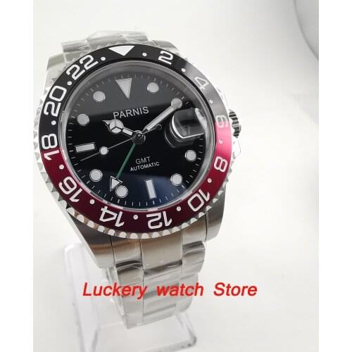 40mm Parnis Black and red Bezel black dial green GMT hands luminous marks sapphire glass automatic Mens Watch-PA65