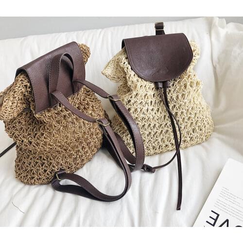 Summer Hollow Out Backpack Drawstring Hasp Straw Bag School Bag Knitting Rucksack Beach Bag Travel Holiday Ladies Handbag Bolsas