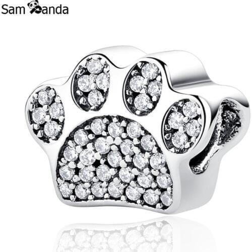 New Authentic 925 Sterling Silver Bead Charm Cute Paw Prints Micro Pave CZ Crystal Beads Fit Pandora Bracelets Women DIY Jewelry