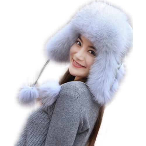 Lovely Women Real Fox Fur Princess Cap With Balls Natural Raccoon fur Bomber Hat Winter Warm Waterproof Cloth Top