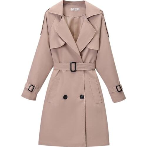 Khaki Double-breasted Womens Windbreaker Spring/Summer Korean Slim Turn down collar Ladies Outwear Plus Size Casual Trench Coat