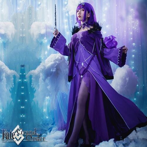 Game FGO Servant Scathach Cosplay Costume Fate/Grand Orde Purple Party Dress Feather Collar Long Sleeve Dress