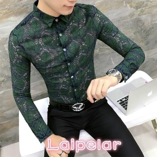 Quality Korean Lace Shirt Men Fashion Spring Mens Social Shirts Night Club Slim Fit Long Sleeve Singer Shirts Casual Men