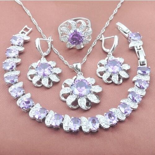 2021 New Silver Plated Jewelry Sets Purple Sun Flower Zirconia Womens Earrings Ring Bracelet Necklace Pendant YZ0352