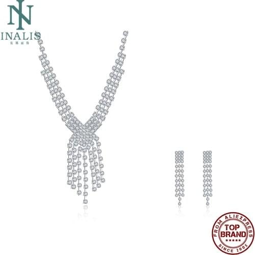 INALIS Wedding Series Necklace Stud Earrings Jewelry Sets Tassel Inlay Crystal Silver Plated Copper Jewelry Sets Wholesale New