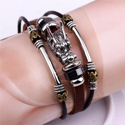 Multilayer Leather Tibetan Silver Male Bracelet Parataxis Dragon Men Accessoires