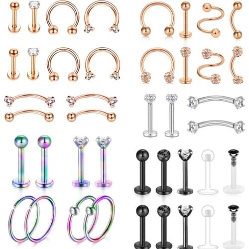 Stainless Steel Crystal Labret Piercing Set 16Gzircon Horseshoe Piercing Lot Cartilahe Earring Set Tragus Piercing Bulk Lip Ring