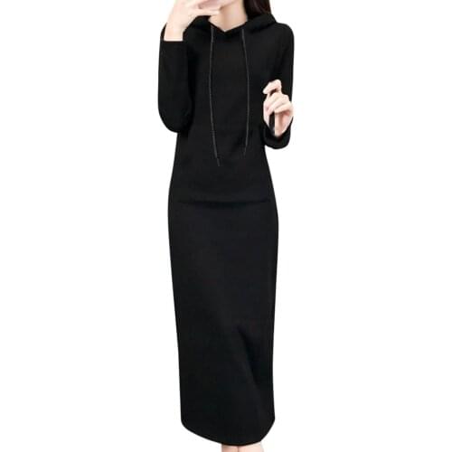 Autumn Winter Dress Fashion O-Neck Hoodie Long Sleeve Pure Color Hooded Loose Casual Ladies Dress Black Maxi Dresses For Women
