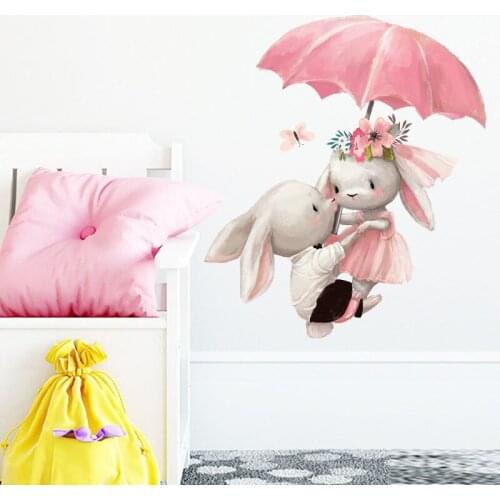 Couple Bunny Under Umbrella Wall Sticker Kids Room Home Decoration Wallpaper Living Room Bedroom Removable Mural Rabbit Stickers