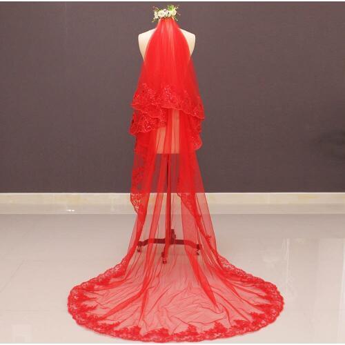 Stunning Red Wedding Veil 2 Layer Long Bridal Veil with Sparkling Sequins Colorful Cover Face Veil with Comb Velo Novia Encaje