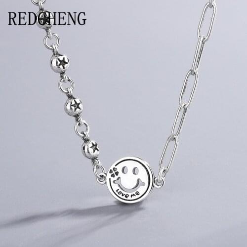 REDCHENG 925 Sterling Silver Stars Bead Necklaces for Women INS Fashion Exquisite Funny Smiley Face Engagement Jewelry Gifts