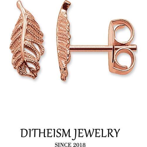 Feathers Rose Gold Color Stud Earrings, 2018 New Fashion Jewelry Romantic 925 Sterling Silver Gift For Women Lover