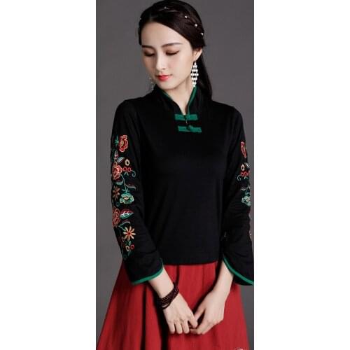 Spring Autumn Female Long-Sleeved T-Shirt Embroidered Indie Folk WomenS Chinese Style Mandarin Collar Button-Down Shirt Tops