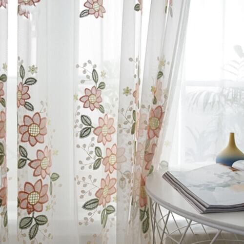 Pink Floral Embroidered Curtains for Living Room Organza Countryside Rural Elegant Bay Window Treatment Drapes Tenda JS151C