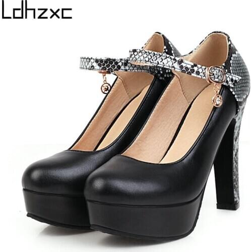 LDHZXC Pu Leather Women Pumps Summer High Heel Pumps Round Toe Thick High Heels Pumps Platform Buckle Party Ladies Shoes