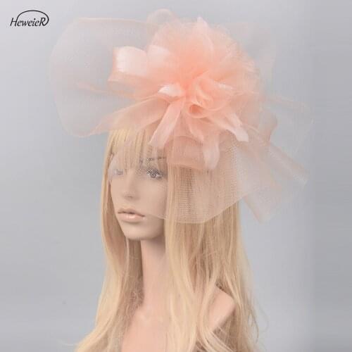 Women Lady Large Champagne Fascinators Hair Clips Handmade Feathers Veil Netting Hair Pins Headwear Party Cocktail Weddings Hat