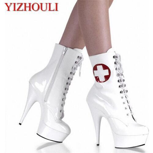 15cm sexy lace-up high heel shoes women pu leather boots back zipper ladies' ankle boots sexy dance boots