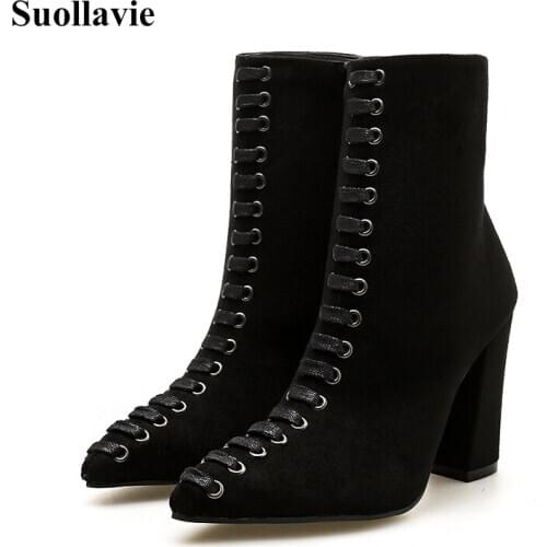 Уют Suollavie уютWinter Autumn Women Pointed Toe Mid-Calf Boots Sexy Lady Square High Heel Stretch Fabric Black Flock Shoes