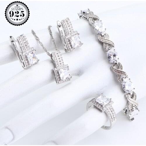 White CZ 925 Sterling Silver Wedding Jewelry Sets For Women Costume Bridal Jewelry Bracelets Pendant Ring Necklace Set Gift Box