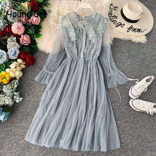 Young Gee Elegant Lace Floral Dress Streetwear Elastic Slim Waist Women Spring Autumn Flare Long Sleeve Sexy Mesh Midi Dresses