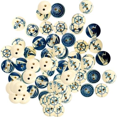 100Pieces Assorted Nautical Series Wood 2 Holes Flat Buttons for Sewing Crafting 25mm