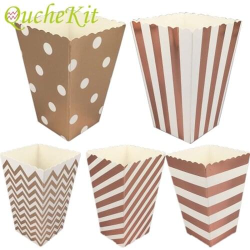12/24pcs Rose Gold Dot Wave Striped Paper Popcorn Boxes Xmas Wedding Birthday Party Disposable Tableware Candy Sanck Containers