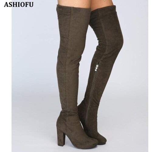ASHIOFU Handmade New Ladies Block Heel Thigh High Boots Sexy Club Over Knee Boots Large Size Fashion Winter Evening Long Boots