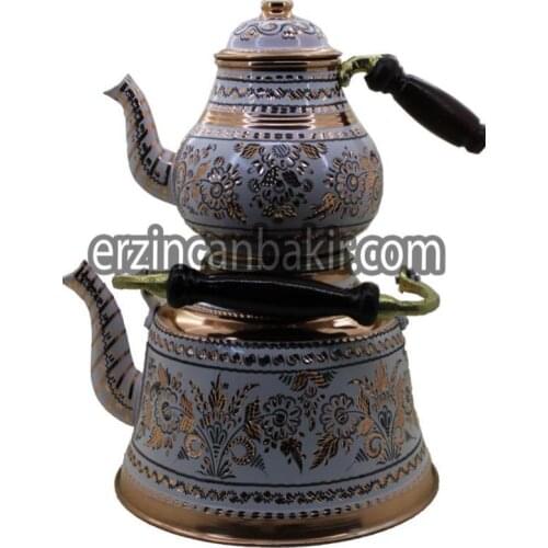 Bakır Çaydanlık El Yapımı % 100 Bakır Demlik Otantik Çaydanlık Seti Büyük 10 Kişilik ÇAY-127