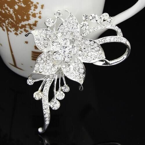 Hot Amazing Concise Flower Full Rhinestone Silver-color Planting Brooches for Women Brooch Pins Jewelry
