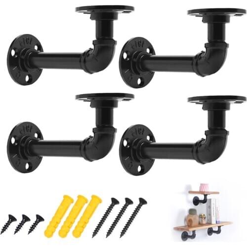 90 degree Bend Double Flanges Industrial Iron Pipe Shelf Brackets Rustic Pipe Bracket Black Metal Wall Mounted Vintage Furniture