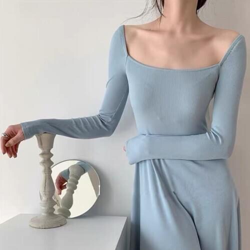 Autumn Winter French Style Elegant Long Sleeve Elastic Sweater Dress Vintage Knitted Square Collar Slim A-line Dresses Vestidos