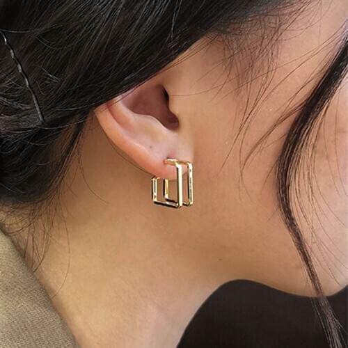 GorGor Clip Earrings Women Copper Material Pattern Square Double Half Ring Gold Plated Creative Luxury Classic Jewelry DKE-1092