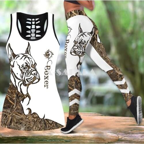 Boxer Brown Tattoos Dog Two Piece Yoga Set Women 3D Print Vest Hollow Out Tank Top High Waist Legging Summer Casual Sport