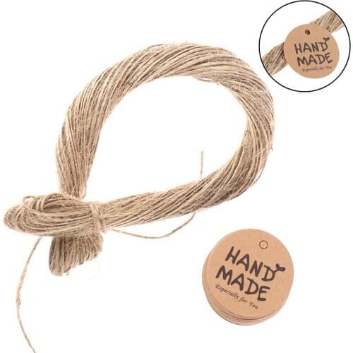 100Pcs Round Handmade With Love Kraft Paper Hang Tags+20m Hemp Strings Garment Luggage Labels Mark Gift Paper Tags