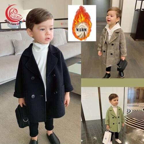 Baby Boy Girls Woolen Jacket Long Double Breasted Warm Infant Toddle Lapel Tweed Coat Spring Autumn Winter Baby Outwear Clothes