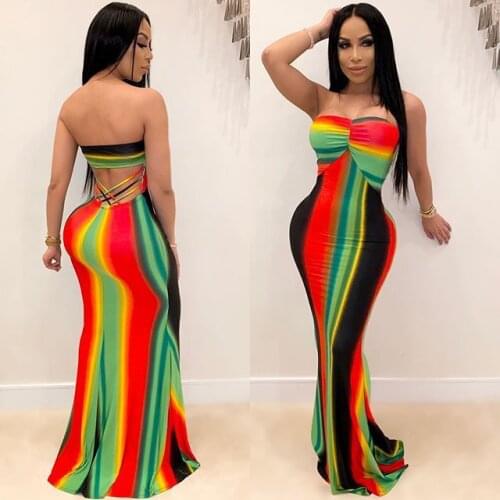 2020 Summer Dress Women Sexy Evening Party Robe Femme Plus Size Rainbow Stripe Slim Long Boho Dress African Dresses for Women