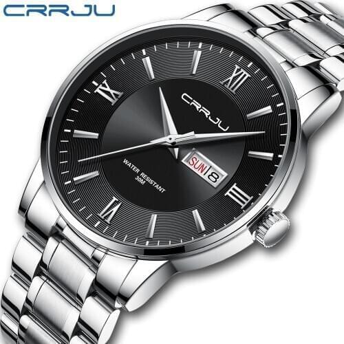 Reloj hombre CRRJU Mens Watches Fashion WristWatch for Men Stainless Steel Band waterproof Calendar Silver Gift Quartz watches