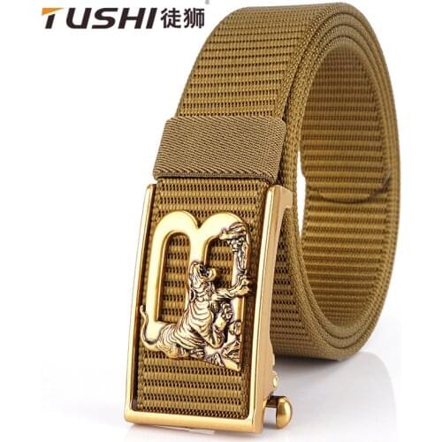 TUSHI 2021 Fashion New Summer Men Belt Unique Tiger Pattern Metal Automatic Buckle Male Waistband 120cm*3.4cm Nylon Ceinture 73