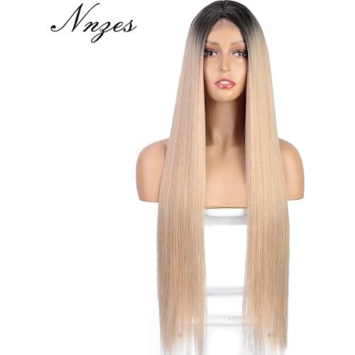 NNZES 30 Inches Long Straight Ombre Blonde Wig Middle Part Synthetic Wigs for Women Ombre Red Highlight Color Natural Hair