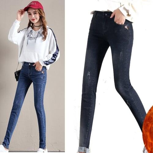 Tight-fitting fleece thickened pencil pants with velvet denim trousers warm womens trousers plus size