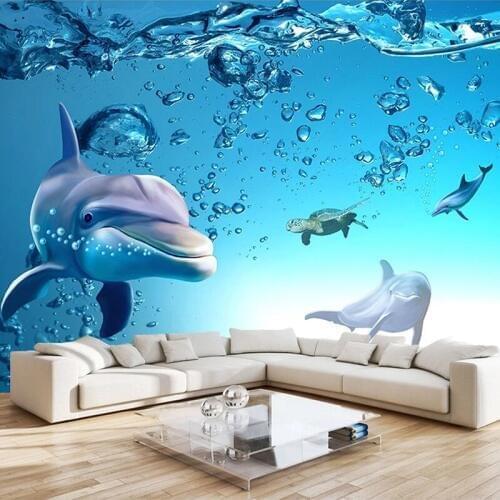 Custom Photo Blue Ocean 3D Dolphin Waterproof Canvas Interior Wall Painting Mural Wallpaper For Kids Room Living Room Bedroom