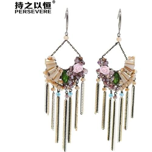 Luxury boho Crystal flower Handmade dangle long tassel earrings for women Colorful bride wedding elegant bohemian jewelry 2020